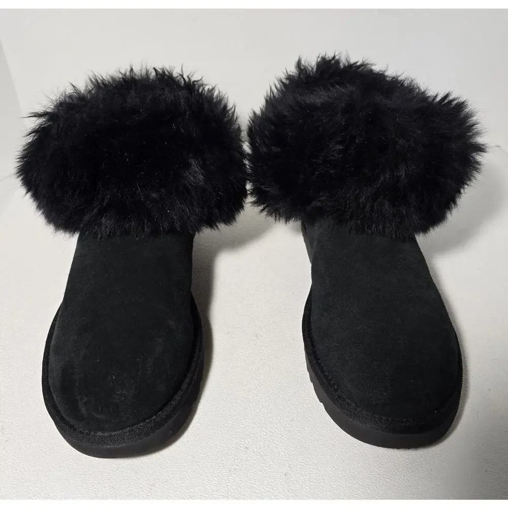 UGG Mini Fluff Collar Women's Black Booties Sheepskin Suede US Size 8 (1112491)